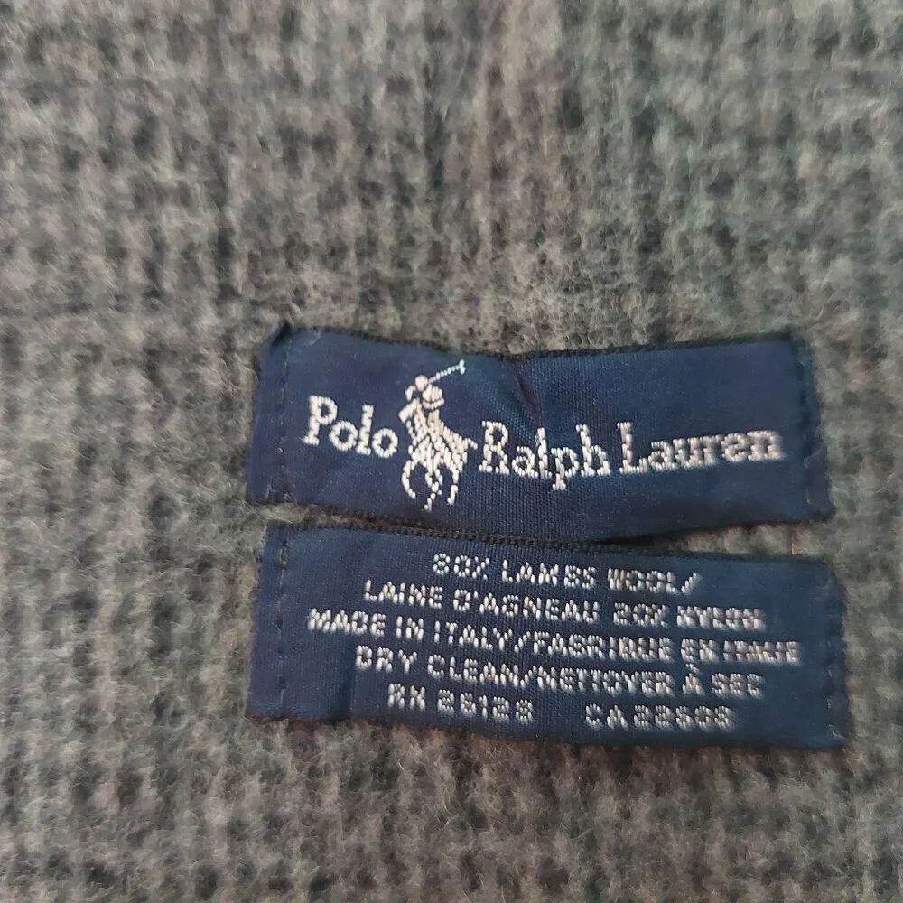 POLO Ralph Lauren Black Window Pane Gray Tweed Reversible Scarf Embroidered Logo